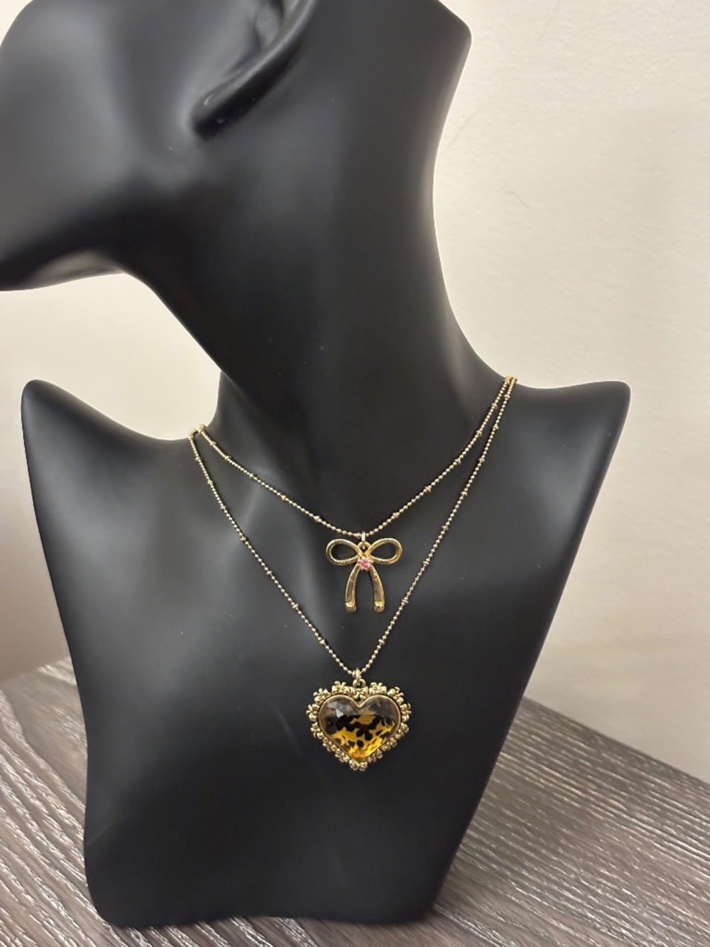 Betsey Johnson Layered Gold Tone Bow & Leopard Heart Pendant Necklace